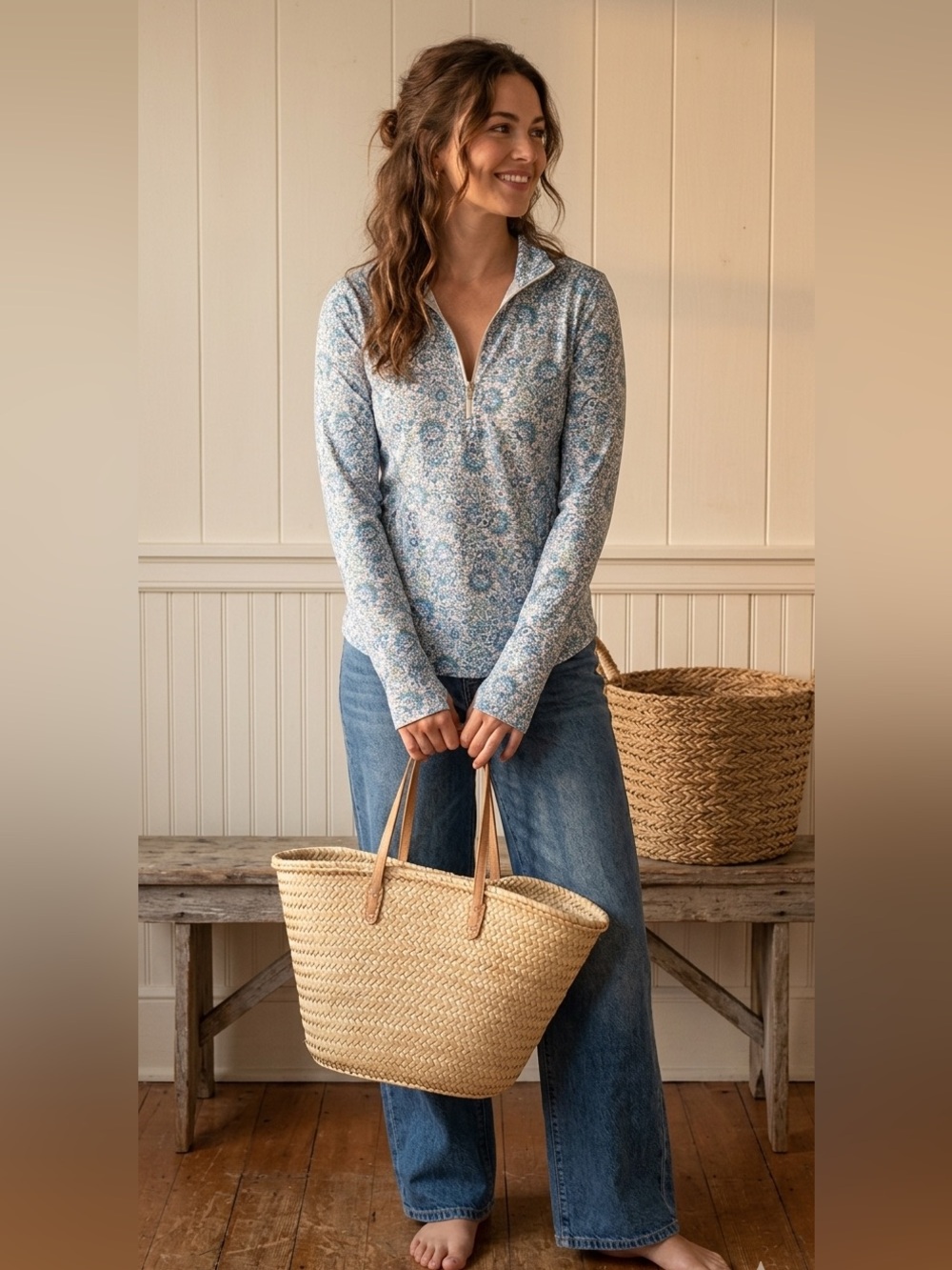 Laura Ashley Blue Floral Zip-Front Long Sleeve Top Romantic Athletic Large
